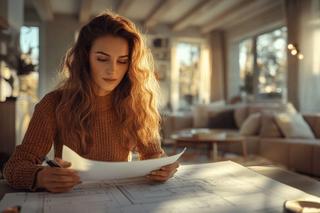Femme en pull marron étudiant des plans architecturaux