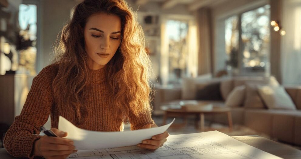 Femme en pull marron étudiant des plans architecturaux