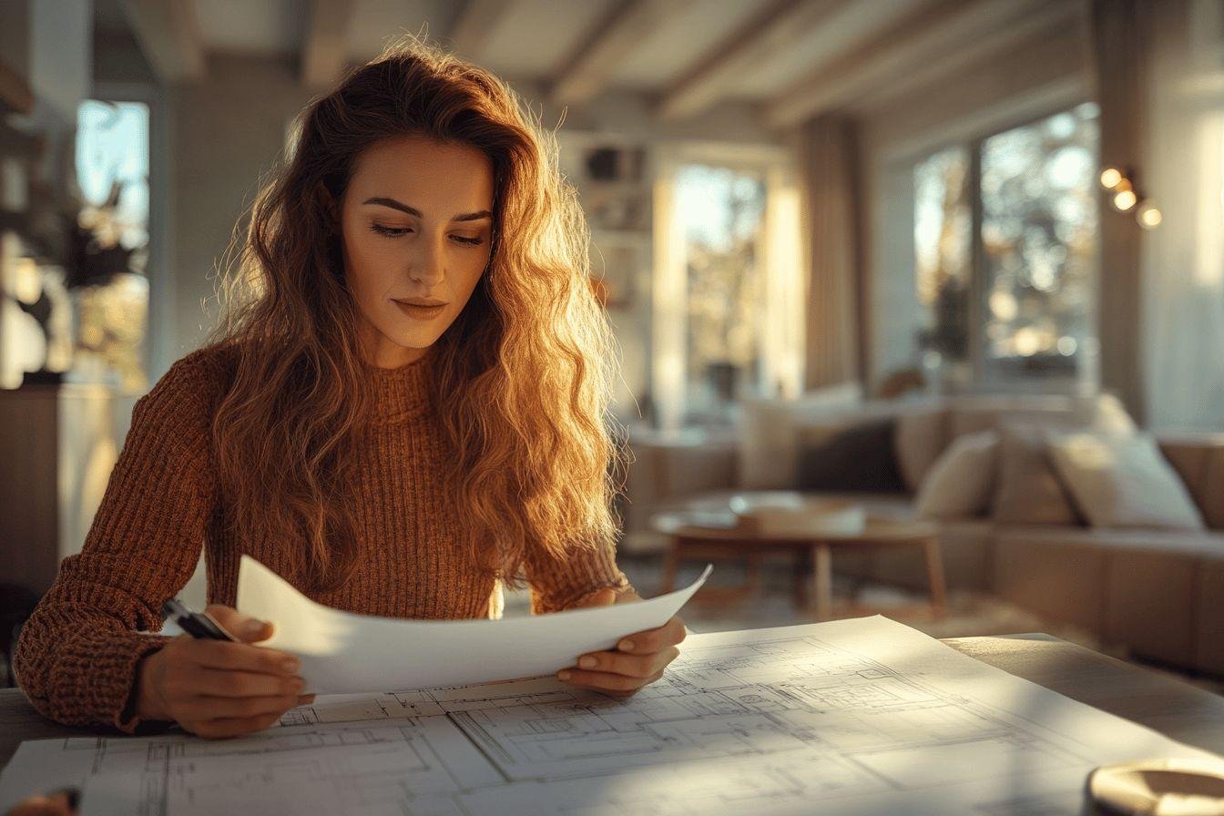 Femme en pull marron étudiant des plans architecturaux