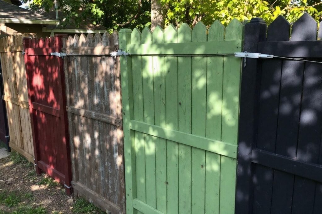 Clôtures de jardin peintes en rouge, bois et vert avec feuillage