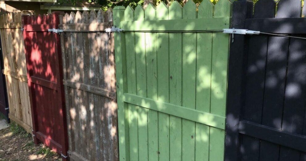 Clôtures de jardin peintes en rouge, bois et vert avec feuillage