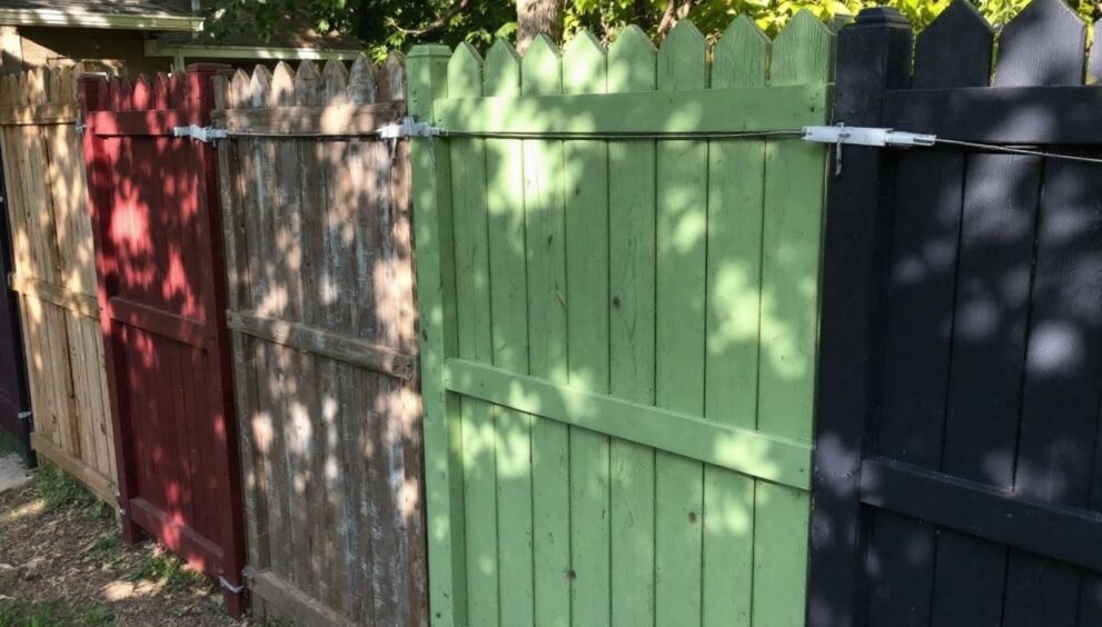 Clôtures de jardin peintes en rouge, bois et vert avec feuillage