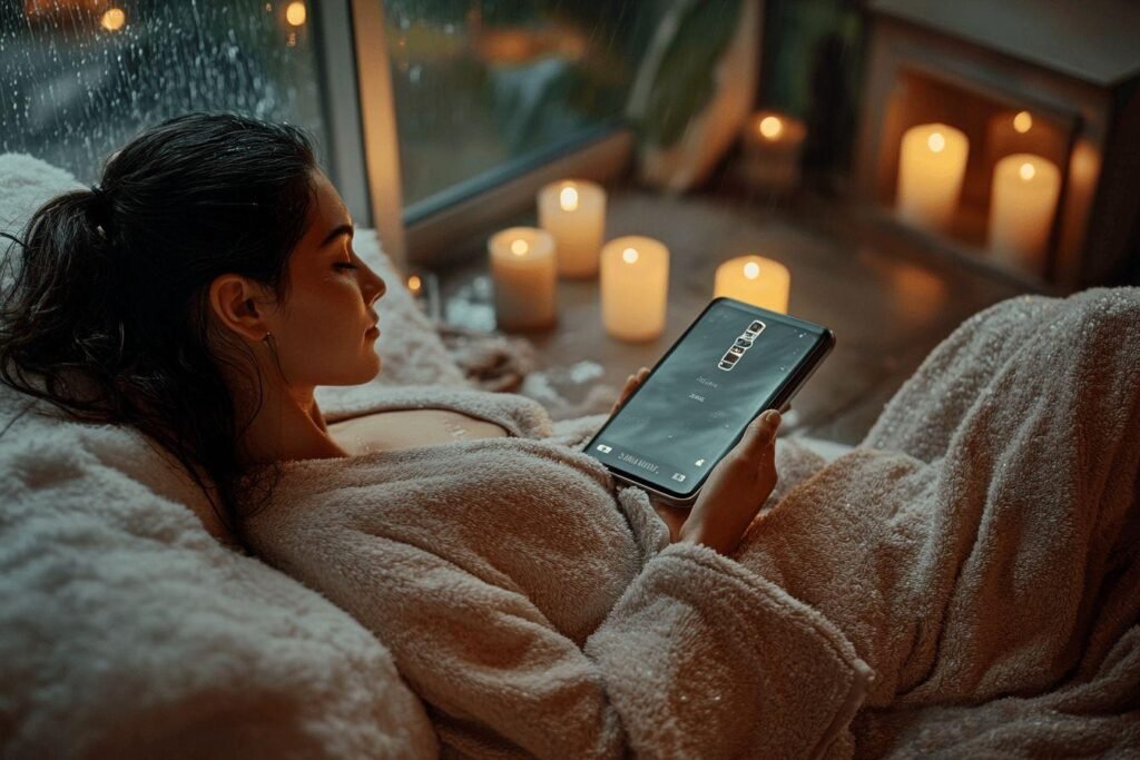 Femme dans un plaid, tablette, bougies, fenêtre avec pluie