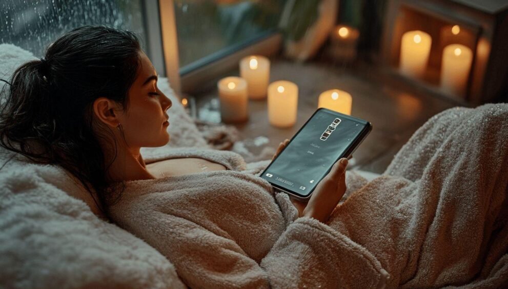 Femme dans un plaid, tablette, bougies, fenêtre avec pluie