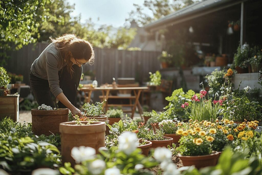 Femme entretenant son jardin avec des pots de fleurs