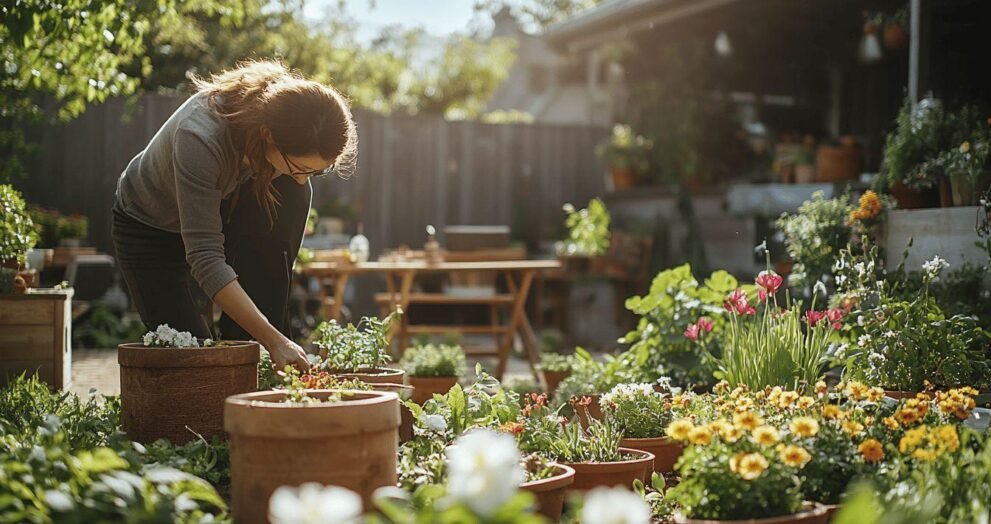 Femme entretenant son jardin avec des pots de fleurs
