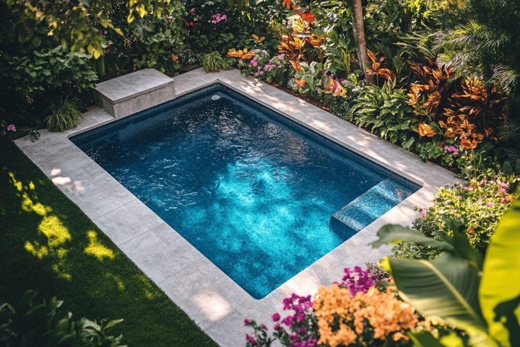 Piscine bleue avec terrasse en pierre et jardin exotique luxuriant