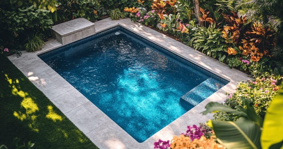 Piscine bleue avec terrasse en pierre et jardin exotique luxuriant