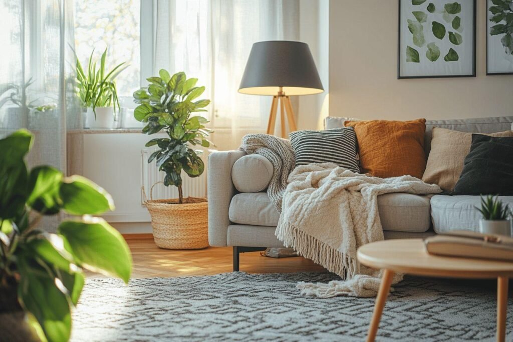 Canapé gris avec plaids, lampe et plantes dans un salon lumineux