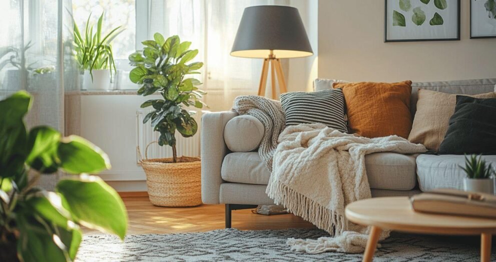 Canapé gris avec plaids, lampe et plantes dans un salon lumineux