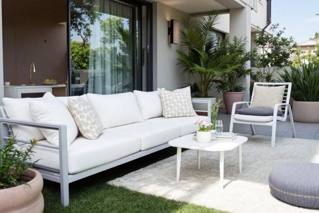 Canapé et fauteuil blancs sur terrasse avec plantes vertes