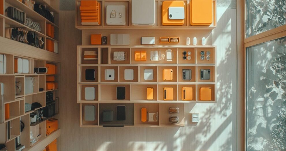 Étagères en bois avec des appareils électroniques orange et blancs