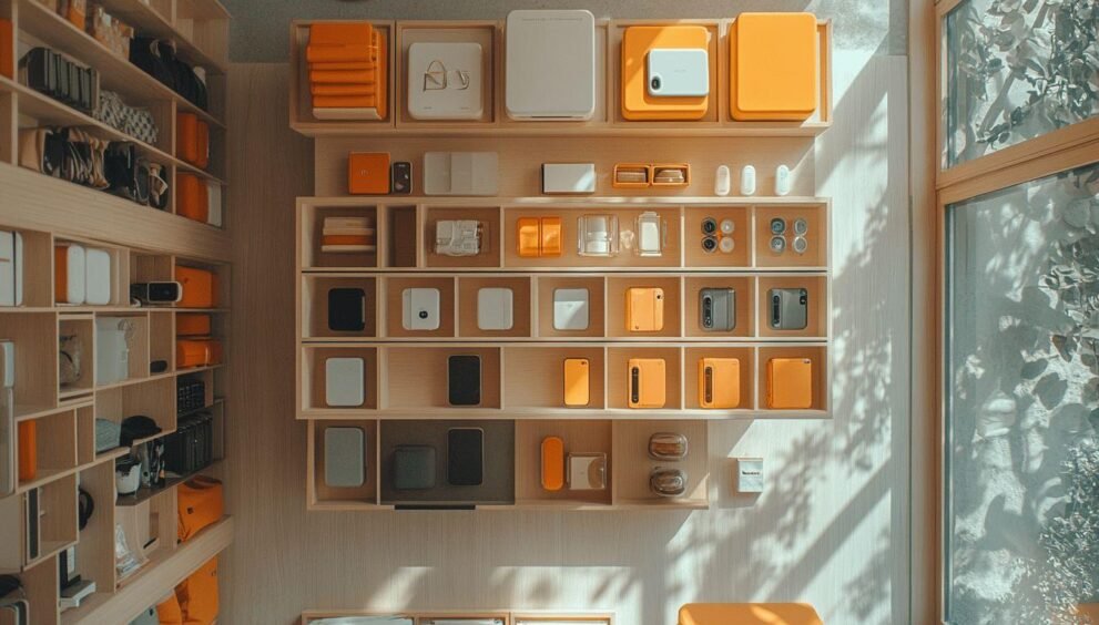 Étagères en bois avec des appareils électroniques orange et blancs