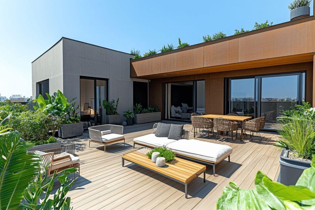 Grande terrasse boisée avec mobilier design et plantes luxuriantes